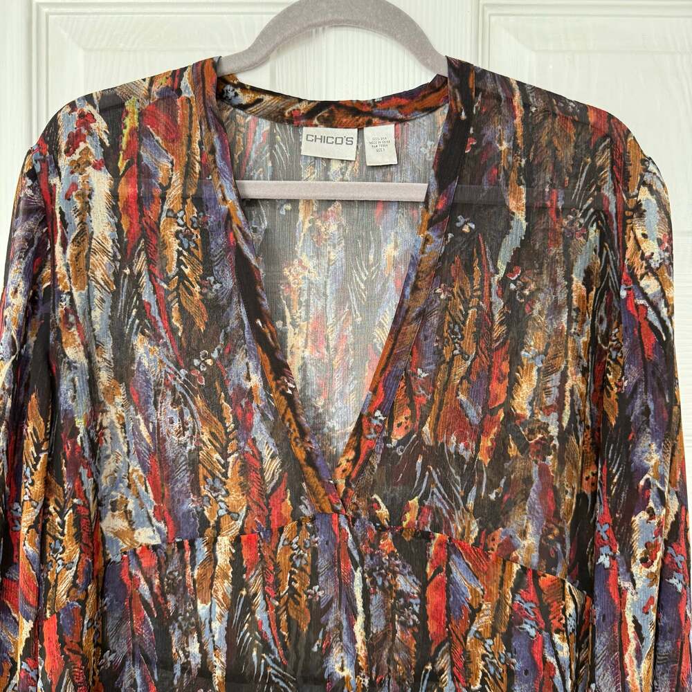 Chico's Women's 100%Silk Plumule Hayden Mermerize Feather Print Top Size 1 - Picture 2 of 13